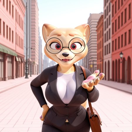 8k, masterpiece, best quality, highly detailed, realistic, 1girl, solo, ShibaSS, female furry, anthro, canine, shiba inu, light-orange eyebrows, red eyes, black pupils, black nose, tan body, tan fur, big breasts, voluptuous, (office lady, round glasses, black suit, white undershirt, fully clothed, brown shoulder bag), mature female, (walking), smile, wide eyes, (looking at viewer), city, sidewalk,  afternoon, sunny, front view, detailed background, open mouth, fangs, teeth, ((5 fingers:1.2, medium tail)), flat nose,  outdoors, pink paw pads, 3D, Zootopia_Artstyle, blushing, hand on hip, offering hand