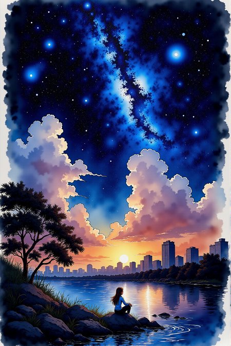 <lora:Vibrant_watercolor_v.22:0.9>   A serene lakeside scene unfolds at twilight, where a young woman sits on a smooth rock near the water’s edge, gazing at the vast cosmos above. The sky is a breathtaking fusion of deep blues and cosmic splendor, with the Milky Way stretching in a radiant cascade of nebula-like formations and glowing celestial bodies. Wisps of twilight clouds, illuminated by the golden hues of the setting sun, create a striking contrast against the deep night sky. Across the lake, a silhouetted city skyline rises with its high-rise buildings reflecting warm amber tones onto the rippling water. To the left, a lone tree with delicate, windswept branches leans over the shoreline, its dark silhouette framing the contemplative figure. The water mirrors the ethereal beauty above, blending reality and dreamlike wonder in a painterly, semi-realistic art style with soft watercolor-like edges and rich, saturated hues. Style of Studio Ghibli.