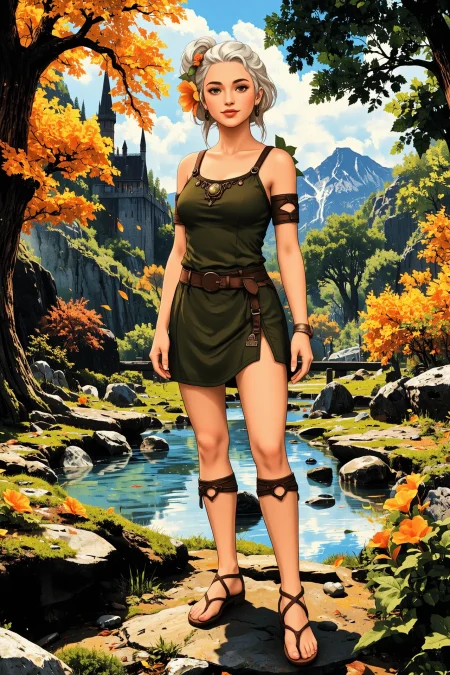 updo hairstyle white hair (young woman), (druid:1.2), anime, illustration, (extremely detailed), (portrait), (standing:1.2), (happy smile), flower in hair, glossy lipstick, celtic necklace, oval earrings, loincloth, (sandals),  Olive Green (druid short dress), (legs), heels, (sharp focus),  fantasy, (beautiful celtic landscape:0.9), (small rock:0.9), (moss:0.4), (ripples, reflections:0.8), celtic  castle, (small river small pond:0.5), druid forest, (druid village:1.2), (stunning nature environment:0.8), (enchanted land:0.5), clovers, (Bright Orange flowers:0.9), leaves,bright (sunny sky), (sunset:0.3), best quality, colorful, wet floor, raytracing, hdr, high contrast, ethereal natural lights, backlight, (lens flare:0.4), shadows, (vibrant colors, colorful):0.6, pretty, beautiful, happy, smiling, feminine, sexy, lovely, in love, adorable, fashion,  <lora:Hand v2:1> <lora:Anti-Blur:1><lora:Insane Detail Slider:0.5>  <lora:flux.1_lora_flyway_Epic-detail_v2:0.3><lora:fluxenhancer:0.5> <lora:RetroAnimeFluxV1:0.4> <lora:Luminous_Shadowscape:0.4>