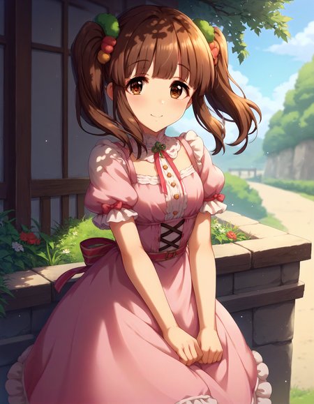 score_9,score_8_up,score_7_up,1girl,solo,cowboy shot,looking at viewer,shy smile,closed mouth,outdoors,
<lora:ogatachieri_ponyXLV6:0.8>,cgoc,
brown hair,blunt bangs,sidelocks,twintails,brown eyes,
hair ornament,pink dress,puffy short sleeves