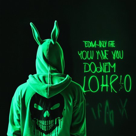 <lora:add-detail-xl:1>
<lora:detailed:0.3>
<lora:perfection style:0.3>
<lora:xl_more_art-full_v1:0.3>
 <lora:Donnie Darko film style:1>
a rabbit with neon paint and a hoodie,solo,long hair,shirt,black hair,1boy,green eyes,from behind,english text,skull , cinematic, film, Donnie Darko film style