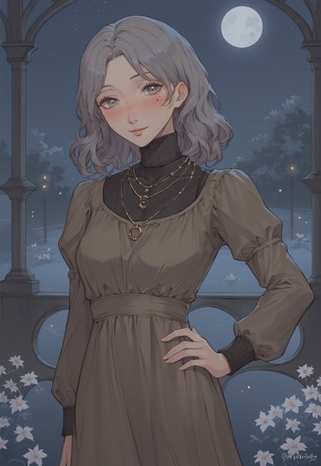 safe_pos, masterpiece,best quality, highly detailed, score_9, score_8_up, score_7_up, score_6_up, source_anime, expressive eyes, perfect face, cinematic lighting, volumetric lighting, bloom, post processing,
BREAK, 1girl, solo, shy smile, blush
saorip3, lithe body, small upturned breasts, grey hair, medium hair, mole under eye, dark grey eyes, makeup, brown dress, black turtleneck pantyhose, necklace, looking at viewer, hand on hip, romantic,
BREAK, eerie school entrance scenery, ((night, moonlight, very dark lighting)), shadows, cowboy shot, 