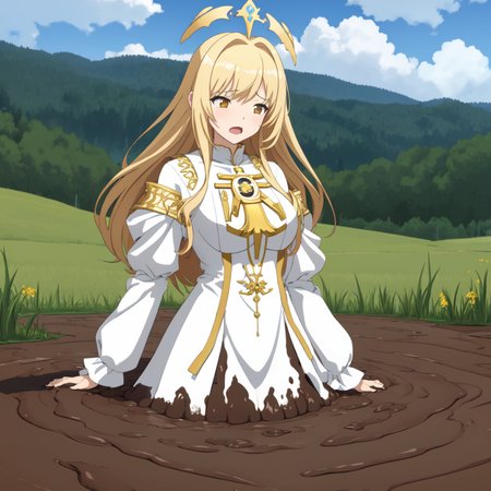 masterpiece, best quality, digital art, deviantart, 1girl, golden hair, large breasts, small waist, white dress, gold ornaments, priestess, green grass, hills in the distance, trees, flowers, blue sky, partially submerged, brown mud, mud bog, sticky mud, scared, worried, screaming, close up