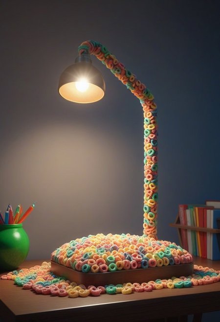 made of Fruit loops , epic picture of a desk lamp on a table, highly detailed, masterpiece, dramatic cinematic lighting, unforgettable, very intricate, high detail , photorealistic detail, ultra-realism , photorealistic,  ultra detailed ,octane render,    <lora:FruitLoopStyle_epoch_9:0.4>