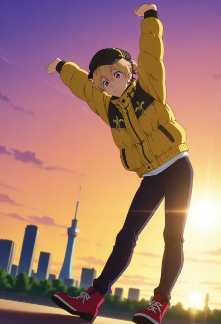 masterpiece, best quality, , anime screencap, anime coloring, official style, , 1boy, solo, male focus, <lora:nagisa_hazuki_ilxl:1>, nagisa_hazuki, blonde hair, purple eyes, panorama, skytree, light, stretching, wavy mouth, closed mouth, Fleur-de-lis Burgundy Organza Stretch chinos, Puffer jacket, Cap-toe shoes, , Hair bun holder