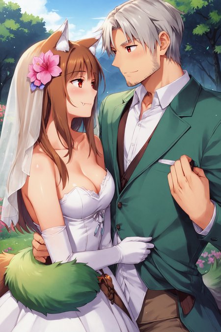 score_9,score_8_up,score_7_up,
holo,1girl,dress,1boy,Kraft Lawrence,grey hair,animal ears,breasts,flower,tail,white dress,long hair,hair flower,outdoors,red eyes,brown hair,cleavage,smile,wolf ears,white gloves,couple,wolf tail,strapless dress,hair ornament,strapless,wolf girl,shiny hair,shirt,closed mouth,hetero,gloves,jacket,pants,fang out,white shirt,shiny,pink flower,long dress,blush,open clothes,fang,open jacket,elbow gloves,sleeveless dress,vest,medium breasts,facial hair,looking at another,day,long sleeves,wedding dress,bangs,eye contact,green jacket,small breasts,straight hair,collarbone,dress shirt,sleeveless,
<lora:Koume Keito_XL_PONY:0.9>,