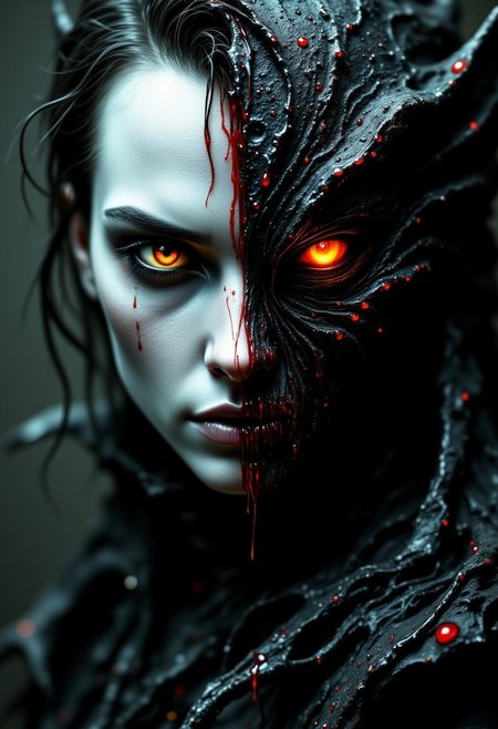 Ultra-realistic vintage-style photograph, high-resolution digital capture of a vampire lord portrait:
Aristocratic pale skin with intricate, lifelike textures. Visible pores, fine lines, and a alabaster complexion. Eyes with depth and a hint of otherworldly glow. Hair styled in a period-appropriate manner with individual strands visible.
Right side: Monstrous bat-like features with hyper-detailed skin texture resembling that of a bat's wing.
A stream of crimson blood with photorealistic liquid properties. Droplets catching the light, creating subtle rainbows. Surface tension visible where the blood meets the skin.
Dramatic chiaroscuro effect created by a cucoloris casting intricate shadow patterns. Main light source from the left, creating deep shadows on the right.
Shallow depth of field with the eyes in sharp focus, gradually blurring towards the edges. 
Slight vignette darkening the corners. Film grain overlay for vintage feel. Color grading emphasizing cool tones in shadows and warm highlights.
Highly detailed skin textures. Moody atmosphere with a sense of foreboding and gothic elegance. Epic in scale despite being a close-up portrait.
Emulating high-budget production values. Bokeh effect in out-of-focus areas. Subtle imperfections like dust or scratches to enhance the vintage feel.
A hyper-realistic, cinematic portrait that blends gothic horror with cutting-edge photographic techniques, creating a visceral and unsettling image that appears both historic and timeless.