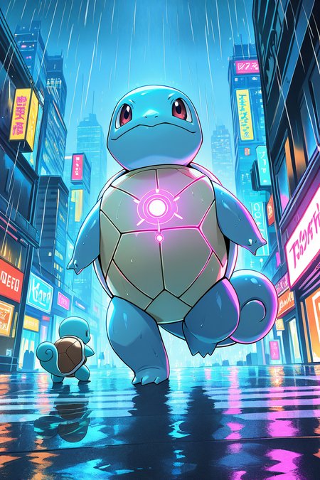 masterpiece, best quality,   <lora:SquirtlePokedexIXL:1.0>,   zzSquirtle,   Neon-lit cityscape, high-tech gear, futuristic clothing, glowing tattoos, holograms, rain-soaked streets, robotic enhancements, sleek armor