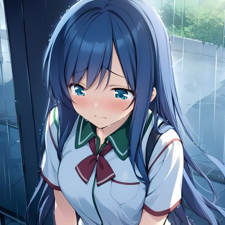 (masterpiece),(best quality),(ultra-detailed),(best illustration),(best shadow),(absurdres),(detailed background),(very aesthetic), Natsuki Kuga, casualoutfit, 1girl, long hair, school uniform, tears, blue hair, blue eyes, rain, <lora:NatsukiKugav1:1>