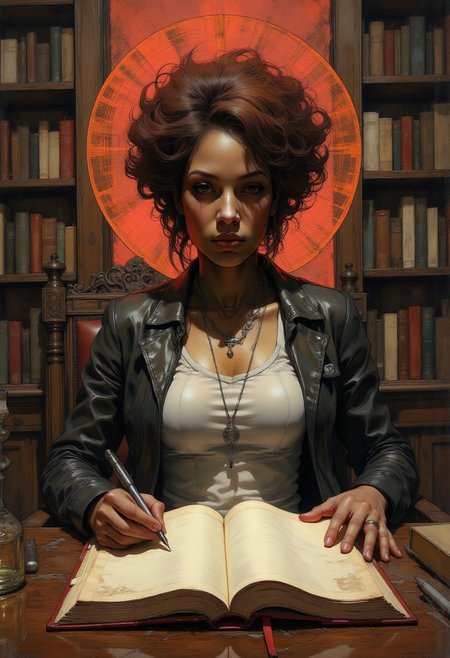 high-resolution illustration, cinematic lighting, deep contrast, and painterly soft shading. Wide angle shot of a black woman in afro hairdo sitting at a table ready to sign the title page of the book in front of her with a fountain pen. She is wearing a black leather jacket, a white tank top T-shirt. Behind her is a bookcase full of books with colorful spines. Dramatic lighting captures fine details in furniture design, intricate clothing folds, and the opulent state of the location. anime style, vibrant colors, cinematic shot, soft lighting, red background, halo behind women.   <lora:PinkieSoftcoreAnimeFLUX:0.6> <lora:Vibrantly_Dark_style_v.1:0.6> <lora:Dorota_Pietrowiak:1.0>