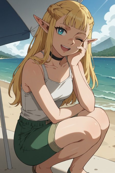 score_9, score_8_up, score_7_up, source_anime, 1girl, prefect lighting, very aesthetic, intricate details, highly detailed background, masterpiece, high quality, prefect hands, best quality, solo,
<lora:Pattadol_Dungeon_Meshi_V1:.85>, blonde hair, light blue eyes,  pointy ears, pointy nose, braid, long hair, 
green shorts, white tank top, black choker,
squatting, smile, one eye closed, open mouth, head tilt, hand on face,
beach, sunny, umbrella, palm tree, mountains, ocean, shoreline,
(Beautiful, small Breasts:1.2), natural breasts,