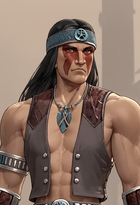 safe_pos, safe_pos, score_9, score_8_up, score_7_up, rating_nsfw, ultra hd, absurdres, solo, 1boy, masterpiece, best quality, best aesthetic, Expressiveh, wolfconf,

MK9Nightwolf, long hair with headband, black hair, vest, necklace, bracer, face paint, (portrait), headshot, looking at viewer, native american territory, close up, zoomed in