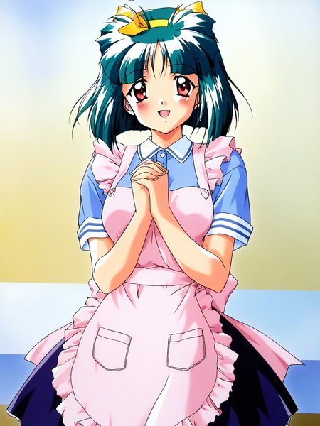 general,highres, ultra-detailed,very aesthetic,best quality ,best hands, BREAK <lora:Sakura_Kaedeko_Tokimeki_Memorial2_IS:1>
Sakura_Kaedeko(Tokimeki_Memorial2), 1girl, solo, short hair, green hair, yellow hairband, red eyes, bangs, breasts, 
apron, bow, own hands together, hair bow, open mouth, 
ribbon, smile, interlocked fingers, short sleeves, looking at viewer, cowboy shot, dress, own hands clasped, frills,