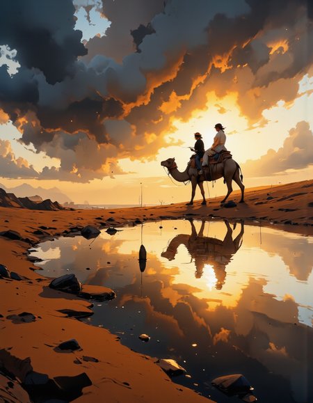 A highly detailed cinematic photography.
riding camel, golden hours, light and shadow play, intricate light, beautiful reflection, desert, dune, cloudy sky, god rays, 1girl, scenery, day, ripples, solo, water, reflective water, wide shotadorned face.
Niji style.