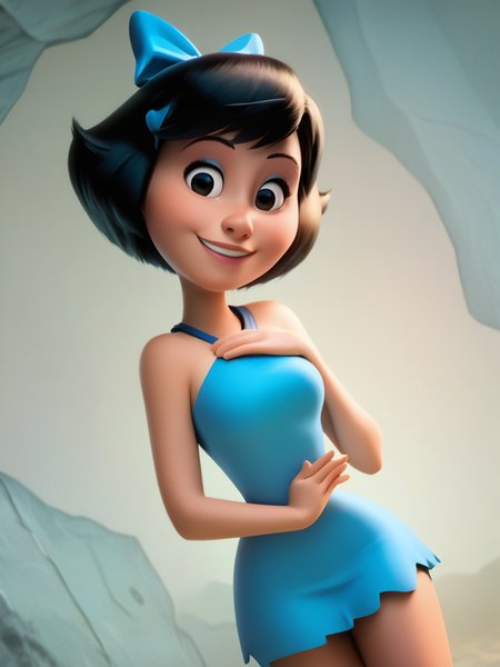 score_9, score_8_up, score_7_up, 1girl, dynamic pose, cowboy shot, looking at viewer, detailed background, smile, own hands together, light smile, cavern, vegetation, blue walls, dutch angle, 
 <lora:ABettyRubble_character:0.85>, BettyXLP, short hair, hair bow, black hair, black eyes, blue short dress, bare legs, makeup, cartoon, <lora:DisneyStudios_style:0.8> DisneyStyleXLP, cartoon, cute, cinematic, 3d, toon \(style\),