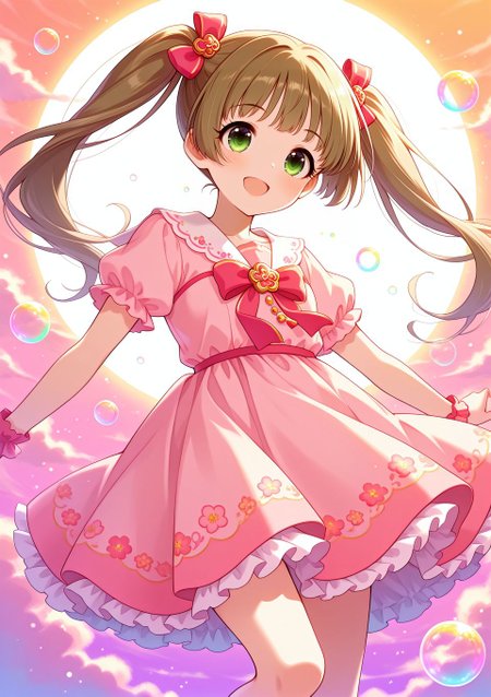 sfw, general, 
<lora:Yokoyama_Chika_Cinderella:0.9>, Yokoyama_Chika_Cinderella, long hair, twintails, brown hair, hair ornament, green eyes, 
idolmaster, idolmaster cinderella girls, pink dress, floral embroidery dress, pastel colors, colorful, 
<lora:soap-bubble-fantasy-04:0.7>, soap bubble background fantasy, rainbow bubbles, 
<lora:on_cloud_v1_illustrious_d:0.7>, on_cloud, cloud,, BREAK
masterpiece, best quality, amazing quality, very aesthetic, absurdres, newest, 
 <lora:Eyes_High_Definition:0.6>, eyesHD, high gradient eyes, detailed eyes, high definition eyes, 
<lora:LECO_Particles:1>, 
BREAK, <lora:brightness_slider:-0.5>,, general, dutch angle, oblique view,  dynamic pose,