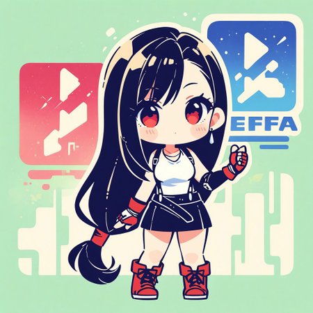 masterpiece, best quality, very aesthetic, absurdres,
1girl, long hair, chibi,
tifa lockhart, low-tied long hair, white tank top, black miniskirt, red boots, suspenders, green background, defTifa,
(simple retro design, logo, manga style, 2tone),