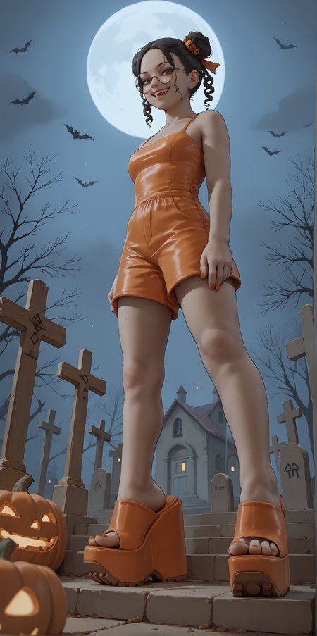 score_9, score_8_up, score_7_up, score_6_up, realistic,
wide angle, standing, low angle, foot focus, from side,
standing,
1girl, dark skin, goth, curly hair buns, round glasses, hair ornament, evil smile, fangs,
ï»¿(mega wedge heels:1.2), platform footwear,
orange romper, skintight clothing,
halloween scene, fog, cemetery, night,
orange toenail polish,
embedding:zPDXLrl ,
embedding:zPDXL2 ,
