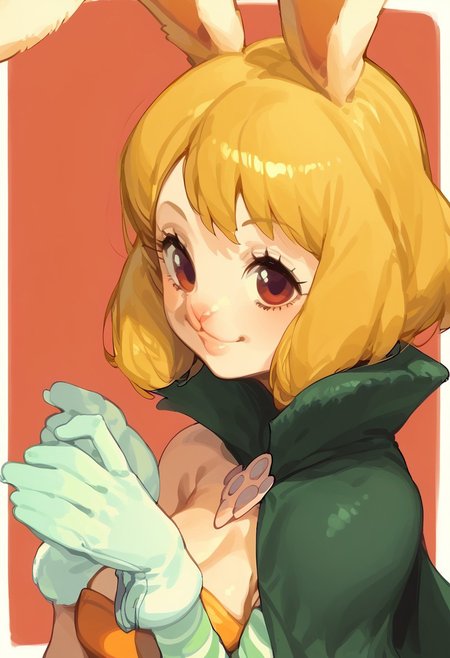 CarrotXLP, rating_explicit, score_9. score_8_up, score_7_up, 1girl, solo, horns, looking at viewer, pointy ears, cute pose, short hair, striped sleeves, glowing eyes, from side, closed mouth, breasts, Kartoon,
Expressiveh, gl0ss, solo, mature face, milf, sexy lips, smile, sexy smile, girl, red lightings, mature face, small face, orange short dress, bare shoulders, green cape, white gloves, open clothes, blonde hair, rabbit ears, rabbit girl, furry female, Opcarrot, rabit mouth, happy
