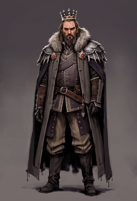 (Conceptual Art in jrst artstyle:1.2) about a mad king, hair down, dirty, stubble beard, sad, depressed, tear, tattered noble outfit, concept art