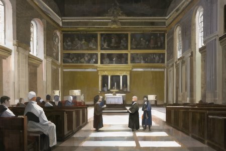 a painting of a group of people in a church with a priest in the center of the room and a priest in the back