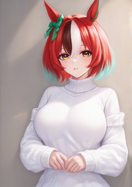1girl, nice nature (umamusume), by kodoto, animal ears, bow, breasts, brown eyes, ear bow, ear covers, green bow, hair between eyes, horse ears, horse girl, light blush, long sleeves, looking at viewer, medium breasts, medium hair, multicolored hair, parted lips, red hair, red shirt, shirt, solo, streaked hair, sweater, upper body, white sweater, zPDXL3  <lora:MGèæAzqGfmcDpD2tNmz:1>