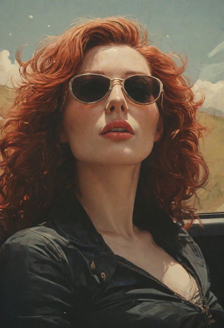 Muse and goddess of cinematic photo photo of a 30yo redhead woman, driving in a convertibal car, long hair flutters in the wind, freckles, sunglasses, bright sunlight, <lora:JuggerCineXL2:1> . 35mm photograph, film, bokeh, professional, 4k, highly detailed, languid, otherworldly color ink drawing by Abigail larson, Egon Schiele, Bill Sienkiewicz, Moebius,black and white,