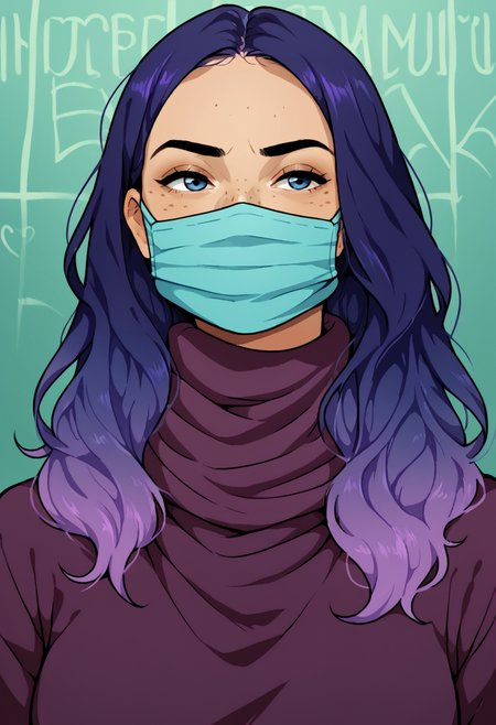 score_9, score_8_up, score_7_up, score_6_up, BREAK
1girl, solo, turtleneck, facemask, scarf, hijab, better cover all, or else, <lora:PulenKompot-UwU-PonyXL:1> uwu, 1girl, long hair, two_tone_hair, dark blue hair, purple hair, gradient hair, blue eyes, freckles, <lora:PulenKompot-Pulpawoelbo_Style_PonyXL:1> pulpawoelbo