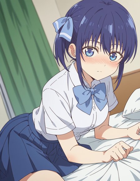 score_9, score_8_up, score_7_up, source_anime, <lora:nagisa-minase-s2-ponyxl-lora-nochekaiser:1>, nagisa minase, bangs, blue eyes, blue hair, hair ribbon, side ponytail,, skirt, shirt, bow, school uniform, white shirt, short sleeves, pleated skirt, bowtie, blue skirt,, indoors, bed, bed room, on side, blush, drunk, looking at viewer, solo,, cowboy shot, dutch angle