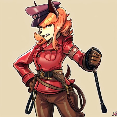score_9,score_8,score_7,source_furry,
<solo:1.5>,
<1girl:1.5>,
flam_kish, dog girl, flam_fuga, red hair, 
official style, official art,
( art by ponpu (pumpkinsinclair) ) ,,
flam_kish_fuga, flam_kish, flam_fuga, dog girl, fanart, alternate style, 1girl, solo, gloves, hat, horns, breasts, holding, pants, looking at viewer, large breasts, simple background, orange hair, parted lips, brown gloves, brown pants, long sleeves, jacket, pocket, uniform, medium hair, belt, holding whip, short hair, breast pocket, military, cowboy shot, military uniform, teeth, shirt, red headwear,
 <lora:Flam_Kish_Fuga:1> flam_kish