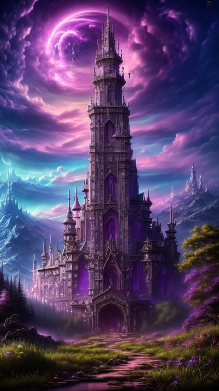 Gothic style, 
neonpunk style, 
ethereal fantasy concept art of  
Masterwork Painting, Magnum Opus, 
 <lora:Wizard_Tower:0.75> witow, castle, cloud, cloudy sky, grass, no humans, scenery, sky, tower, tree, <lora:Fantasy_Mountains:0.75> fanmou, footprints, forest, grass, nature, no humans, outdoors, sky, tree,
  highres, 8k, uhd, High Dynamic Range, tonemapping, crisp details,  intricate details, fine details,
. magnificent, celestial, ethereal, painterly, epic, majestic, magical, fantasy art, cover art, dreamy,
. cyberpunk, vaporwave, neon, vibes, vibrant, stunningly beautiful, crisp, detailed, sleek, ultramodern, magenta highlights, dark purple shadows, high contrast, cinematic, ultra detailed, intricate, professional,
. Dark, mysterious, haunting, dramatic, ornate, detailed