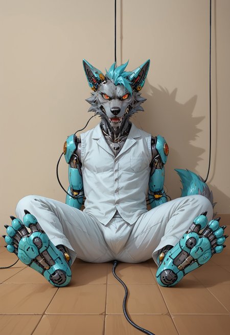 safe_pos, (((Barefoot furry character, full body, cinematic setting, furry male, plantigrade))) 

(((Gilliam))), wolf boy, white pajama, ((wired, hijacked, hacked, corrupted, reprogrammed, brainwashed, mindwiped, )), sitting, spread legs, m pose, nice metalic feet paws, ((nice robotic feet paws)),  three toes, claws, pawpad, determined look, (((restrained))), tilted head, drooling
BREAK
(((gilliam wolf, evil eye, sharp, red fluff tail, cyan hair, robot, cybernetic wolf, metallic))), (((screens with matrix code)))
BREAK, intricate details, highly detailed, extreme detail, octane render, fine art, best quality, highres, (detailed face:1.5), ((full_body)), UHD, (((perfect hands))), low light