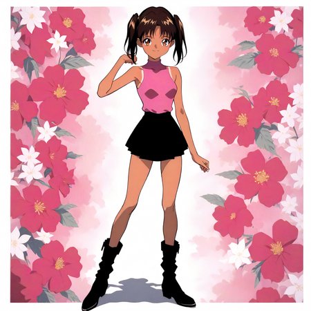 <lora:KnI_kawarazaki_reiXLanimagine001>,
masterpiece,high score,great score,absurdres,
flower background,glitter,
smile,
looking at viewer,
solo,
anime coloring,retro artstyle,
kawarazaki_rei\(kawarazakike_no_ichizoku\),1girl,brown hair,twintails,brown eyes,tan,
pink shirt,sleeveless,
black skirt,
black boots,
full body,
standing,