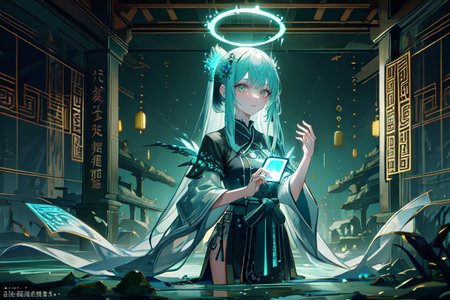 highly insanely detailed, masterpiece, top quality, best quality, highres, 4k, 8k, RAW photo, (very aesthetic, beautiful and aesthetic),  
(code_style,codestyle),traditional chinese text,japanese text, 
<lora:CodeStyle (half generic class)_564920:0.8>, 
(1girl:1.3), 1other, 
(ancient ruins) , bioluminescent glow , bioluminescent plants,âââ