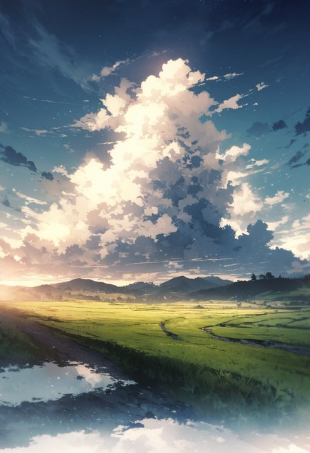 (best quality, ultra detailed), landscape, no humans, paddy field, countryside, footpath, sky, cloud, early summer, very aesthetic, ultra high res, absurdres, double exposure