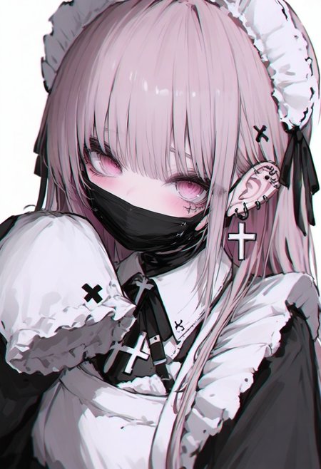 1girl, solo, cross earrings, cross, jewelry, earrings, long hair, blush, ear piercing, bangs, sleeves past wrists, mask, piercing, maid, maid headdress, looking at viewer, upper body, sleeves past fingers, mouth mask, long sleeves, pink eyes, frills, apron, latin cross <lora:748cmXL_il_lokr_V5311P:0.95>