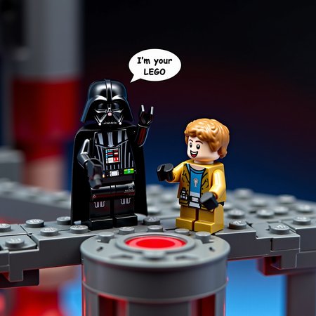 <lora:lego-minifigure:1> lego_minifigure, dramatic close-up on two LEGO minifigures standing on a narrow bridge above a glowing reactor shaft. One is styled as Darth Vader, wearing a black cape and molded helmet, reaching out with one arm in a powerful gesture. The other, a LEGO man styled as Luke Skywalker in a tan outfit, stands near the edge, visibly shocked with one hand raised in disbelief. The background features a dark circular reactor shaft built from gray bricks, glowing red and blue at the base. A red lightsaber lies on the floor between them. A comic-style speech bubble points from Vader’s mouth, reading: “I’m your LEGO.”


