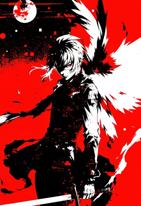 grng style, bo-abyss, solo, 1boy, holding, monochrome, weapon, wings, sword, holding weapon, holding sword, moon, crimson background, feathered wings, silhouette, (glitch art, dithering,chromatic aberration,pixel art, film grain),close up,art deco, <lora:RealAnime:0.79> <lora:grunge:0.60> <lora:boFLUX digital-abyss:0.53> <lora:yoneyama-style-000011:0.35> <lora:Dark_Gray_Photography_flux:0.15>