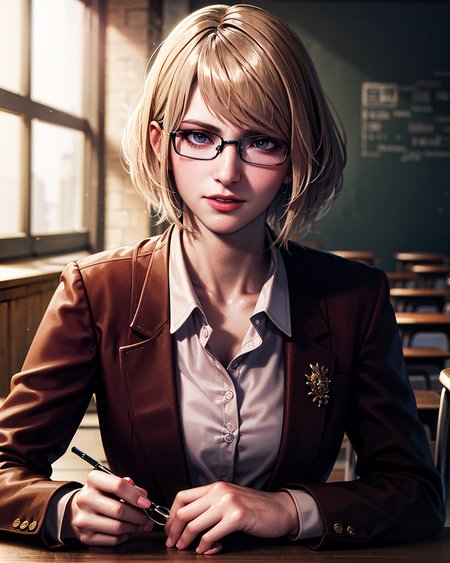 1girl, portrait of shot of re4ashley, athletic, black jacket, white shirt, black tie, glasses, classroom, volumetric lighting, best quality, masterpiece, intricate details, tonemapping, sharp focus, hyper detailed, trending on Artstation, realistic, <lora:sxz-ashley-graham:0.6>