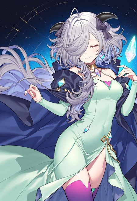 (score_9, score_8, score_7), masterwork, masterpiece, best quality, beautiful eyes, beautiful face, detailed eyes,detailed face, 1girl, eitr01, long silver hair, side-swept bangs, black curved horns,  
mint green dress, ivory outer layer, deep violet inner skirt, high slit dress,  
purple thigh-high stockings, navy blue and violet cape,  
shiny crystal decorations, glowing light blue and pink gems, golden choker with geometric ornament, dynamic angles,closed eyes, smile,happy