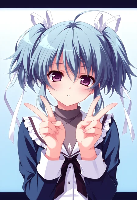 (best quality , masterpiece, good quality), very aesthetic, absurdres, 1girl, solo, mssakuno, short twintails, blue hair, purple eyes, ahoge, ribbon, school uniform, long sleeves, upper body, looking at viewer, hands up, double v, <lora:ms-sakuno_ilxl:1>,