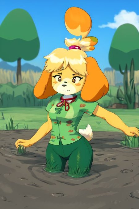 isabelle \(animal crossing\), (masterpiece, best quality:1.15), 1girl, solo, large breasts, high cheekbones, thick eyebrows, small mouth, looking to the side, leaning forward, adjusting clothes, tight leggings, crop top shirt, starry nights, long hair, twin short braids, scared, partially submerged, waist deep, struggling