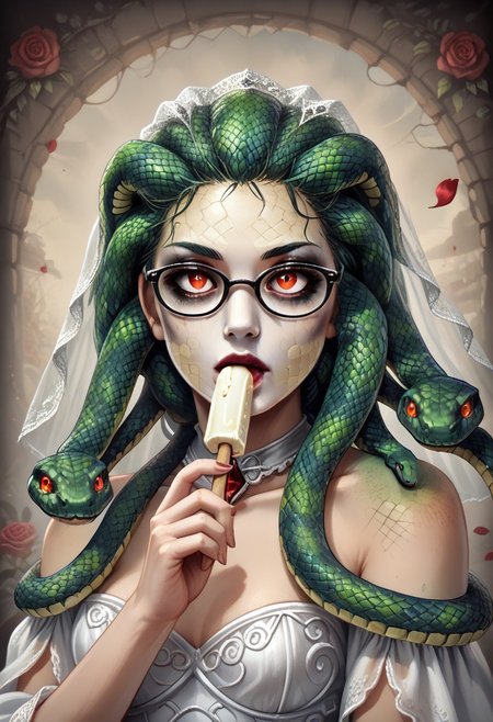 1girl, detailed face, emo makeup, snake hair, veil, black wedding dress, glasses, holding icecream popsicle, snake, snake on shoulders, upper body,  rose, the  contur of the petals glow eerily white, dim light, intricate details, horror theme, cementary, detailed background, 
BL4CK3STBL4CK, black_theme, matte_color, flat color, diamondMW