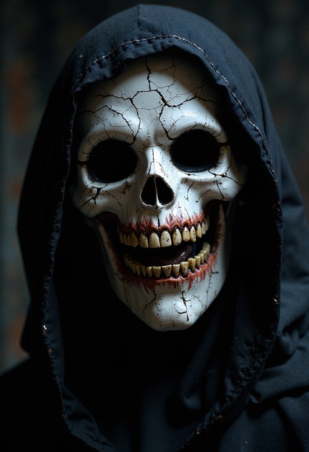 A close-up of a humanoid figure wearing a white, cracked mask with hollow black eye sockets and an unnerving, wide grin. The mask has visible cracks, adding a sense of decay and unease. The figure wears a dark hooded cloak that covers the head and shoulders, with the deep black fabric blending into the shadowy background. The teeth of the figure are sharp and yellowed, contrasting sharply against the white mask. The lighting is dim, casting slight shadows on the mask, and emphasizing its eerie expression. The overall mood is dark and sinister, evoking a sense of fear and dread.    <lora:FluxMythP0rtr4itStyle:0.8> MythP0rt,