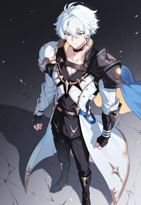 masterpiece,best quality,amazing quality, source_anime, 

Phainonhsr, 1boy, male focus, solo, blue eyes, white hair, black choker, neck tatto, shoulder armor, shirt, black shirt, coat, white coat, cape, fingerless gloves, pants, black pants, boots, black footwear,