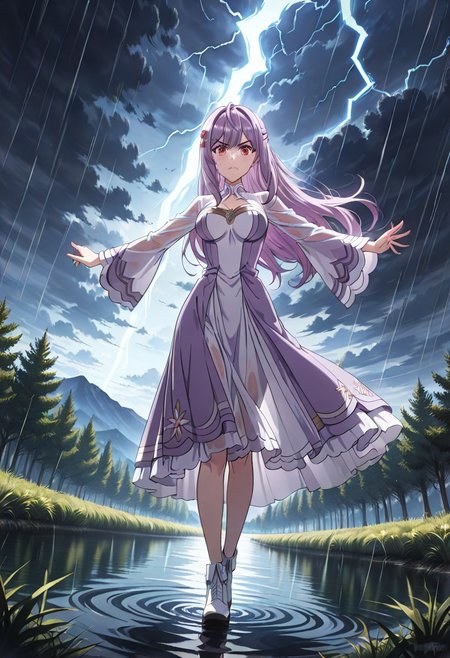 score_9, score_8_up, score_7_up, dynamic view, looking_at_viewer, 1girl, 
masterpiece, best quality, bokeh, luminescent background,
(  mia adenauer,,
   purple hair, long hair,  hair between eyes, bangs, hair ornameny, hair flower,  red eyes, medium brests, 
, dress, two-tone dress, purple dress, white dress, sidelocks, long sleeves, white shoes,, )
outdoors, storm, (rain:1.2), cloudy sky, dark clouds, lightning, wind, spread arms, outstretched arms, full body, dutch angle, cleavage, , scenery, mountainous horizon, wet clothes, wet, wet hair, looking at viewer, wet dress, see-through dress, v-shaped eyebrows, closed mouth