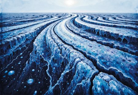 detailed watercolor artwork inspired by ZdzisÅaw BeksiÅski of, (cold, foreboding, endless) | An endless expanse of frozen ground with cracks that appear like veins, stretching toward a hazy horizon. | Foreground: the ice glimmers with faint reflections, casting a blue-tinted glow. | Background: the horizon merges with the sky, giving the illusion of infinite distance. | The silence is piercing, amplifying the desolation. (cool tones, high contrast, atmospheric lighting)