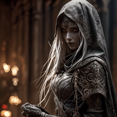 RAW photo, (masterpiece:1.3), subsurface scattering, heavy shadow, (high quality:1.4), (intricate, high detail:1.2), professional photography, HDR, High Dynamic Range, realistic, ultra realistic, photorealistic, high resolution, film photography, ambient lighting, atmospheric effects, <lora:detail_slider_v4:2>, OverallDetail, a female drow assassin, dark makeup, leather armor, bracers, belt, jewelry, cape, hood, <lora:Drow:1>,  epiCPhoto