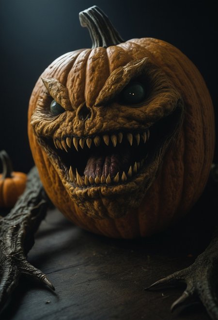 (film grain),ultrarealistic 4k,photoart_style,(creature pumpkin monster,realistic,natural light,),realistic,,dark black tone,Cinematic Lighting, movie-level texture, hand-painted details, epic, meticulous,perfect composition, dynamic play of light, rich colors, epic shot, perfectly quality, natural textures,high detail, photoshadow, (natural colors, correct white balance, color correction, dehaze),(intricate detailed)