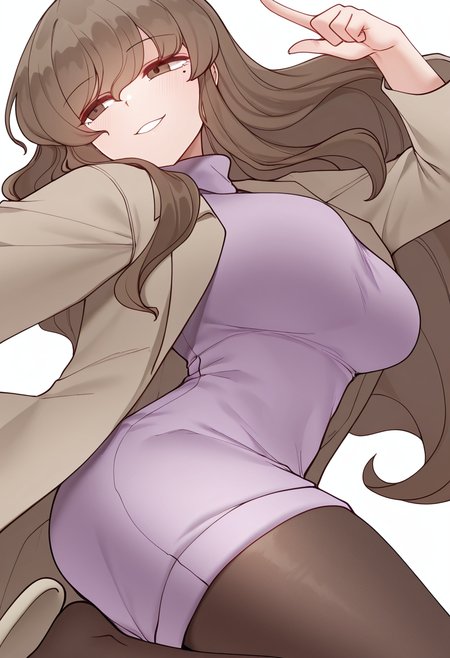 Smooth Quality,masterpiece,very intricate, high quality details, ultra realistic, high detailed skin,detailed enviorement,absurdres,
simple background, white background, dancing,skindentation, solo,from side,pointing forward,
 <lora:Yejins_Mother_CNR:0.8> yejin_mother_cnr, 1girl, brown hair, long hair, bangs, brown eyes,mole under eye, large breasts,purple dress, coat, long sleeves, sweater,turtleneck sweater, pantyhose, slippers, troll face,, 0w0,